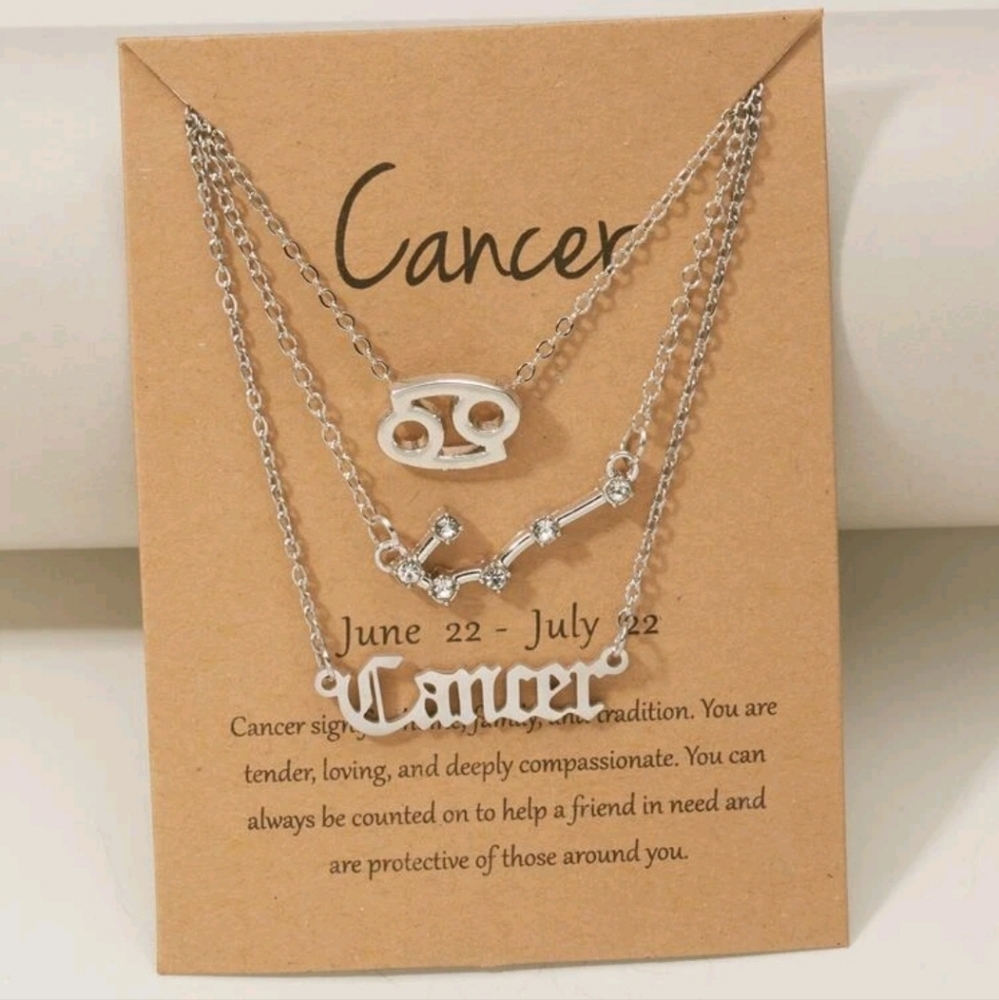 Zodiac 3 Piece Silver Tone Charm Necklace, Cancer - Picture 4 of 4